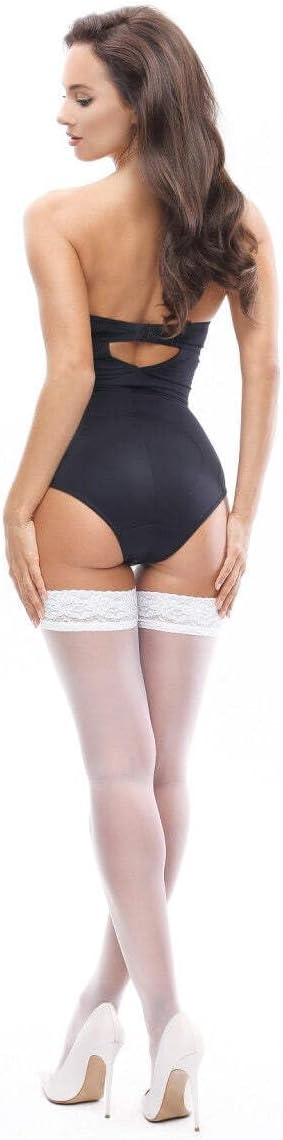 MISS O HOLD UPS LACE TOP THIGH HIGH STOCKINGS SHEER 15 DEN (White, S/M)