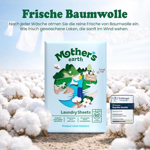 Mother's Earth Waschmittel-Blätter – Frische-Baumwolle-Duft – Nachhaltige, kraftvolle Reinigung, frei von Plastikverpackung… – Ansicht 5