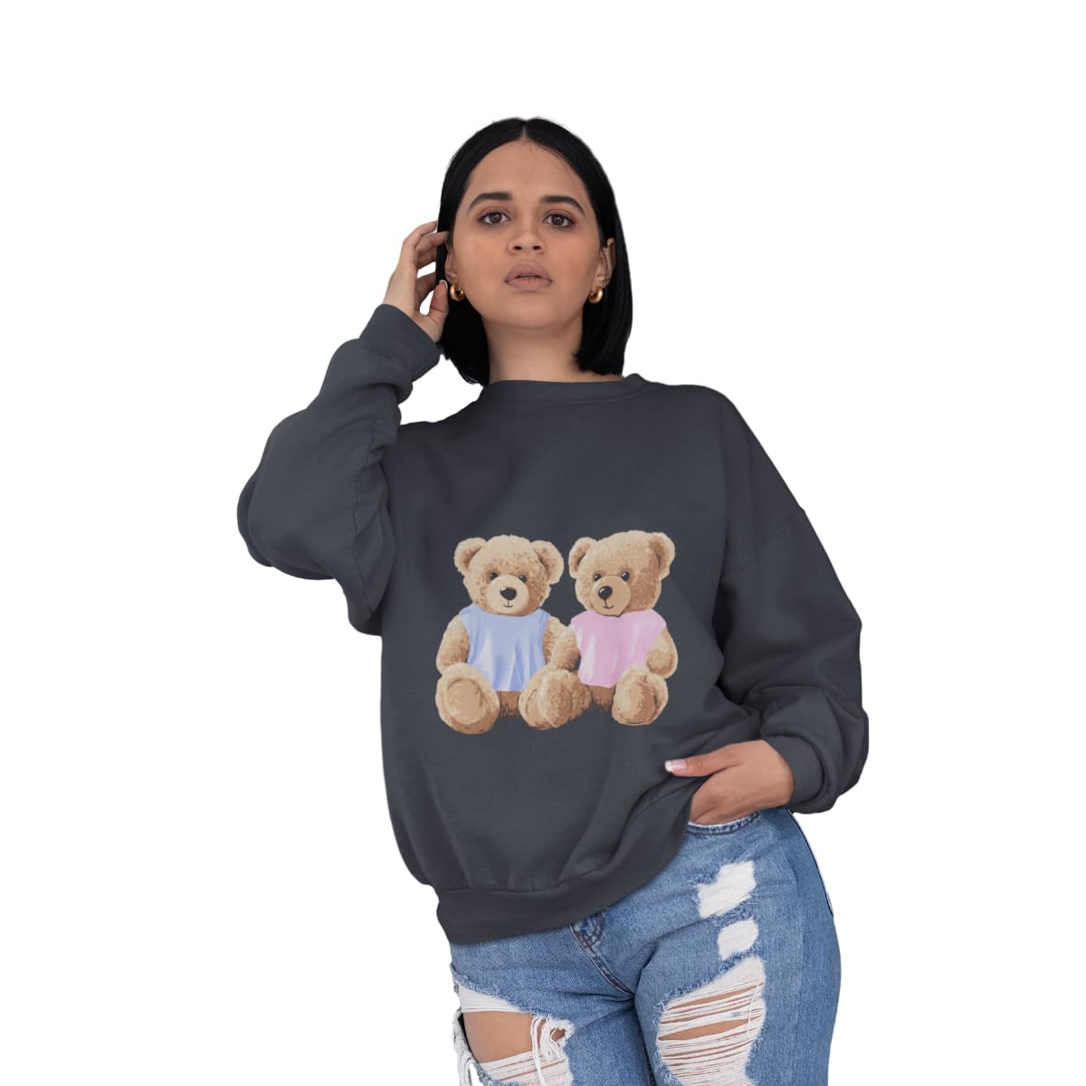 custom Women’s Cute Teddy Bear Crewneck Sweatshirt – Blue Graphic Pullover with Bear Couple Design – Soft Aesthetic Long Sleeve Top for Casual Wear-picture-44