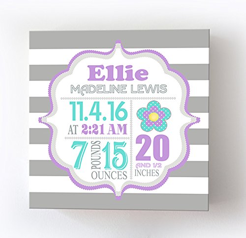 Personalized Stretched Canvas Birth Announcement Gift, Custom Baby Name, Date, Weight Stats, Newborn Flower Nursery Wall Art Decor, Wooden Frame Construction, Ready to Hang 24X24