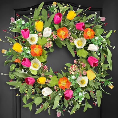 ICX 22' Spring Summe Wreaths for Front Door, Artificial Tulip Wreath with Orchids Green Foliage, All Season Farmhouse Window Wall Wedding Decor, Housewarming Gift