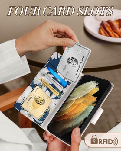 Toycamp for Samsung Galaxy S21 Ultra Wallet Case for Women,Blueleaf Flower - image 4