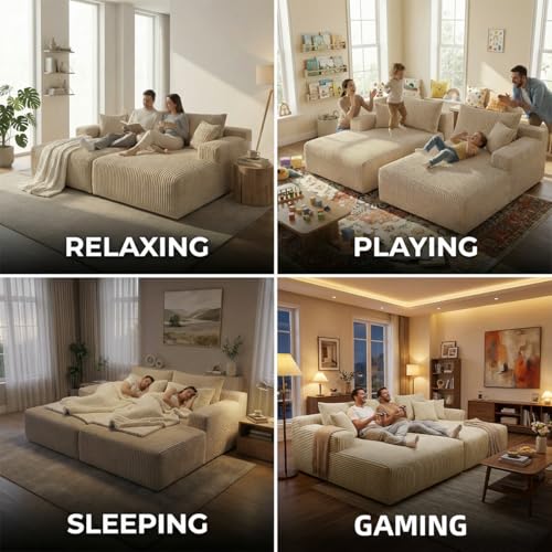 Image of Sytopia Loveseat Chaise Lounge with Armrests, Oversized Sofa Bed with 4 Pillows, Cozy Boneless Sleeper, Modular Sectional Couch for Living Room Bedroom, Floor Chair Furniture sala Corduroy