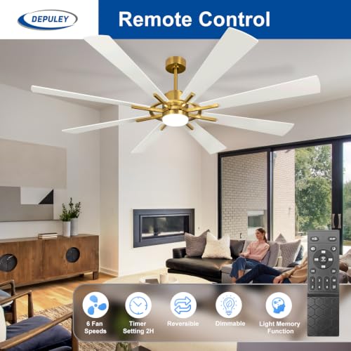 Image of Depuley 72-Inch Ceiling Fan with Light: Modern 8-Blade White and Gold Indoor Outdoor Fans with Remote App Control Dimmable Light - Ultra Quiet DC Motor Reversible 6 Speed Timer