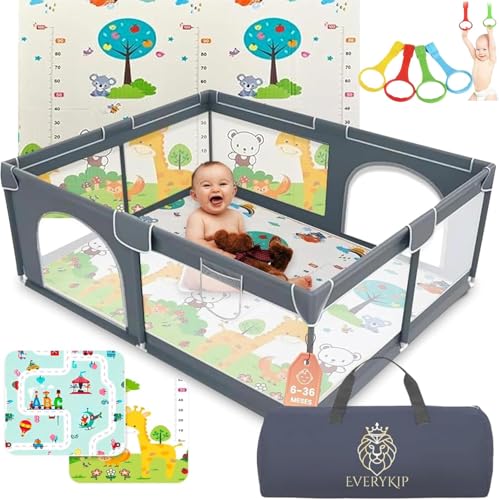 EveryKip® Parque Infantil Bebe 120x120cm Beige + Alfombra Suelo + Anillas + Bolsa Transporte Corralito Bebe Plegable Malla Transpirable Baby Playpen
