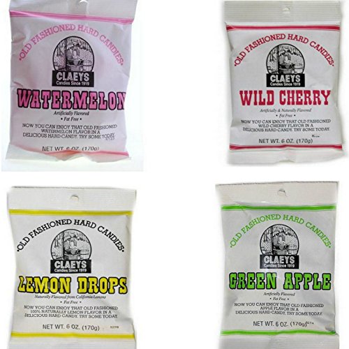 Claeys Old Fashioned Hard Candy - 6 ounces, Variety 4 Pack - Apple, Cherry, Lemon, and Watermelon - Since 1919