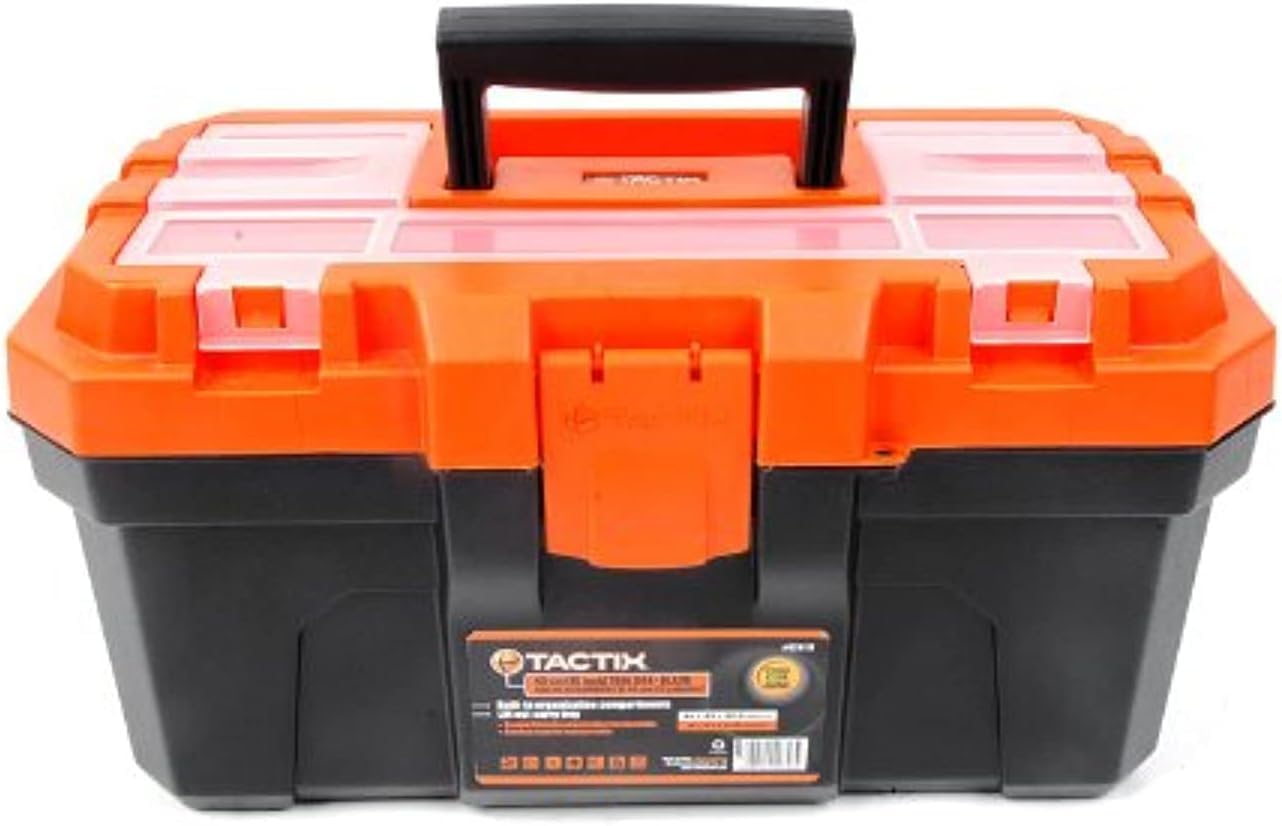 Tactix 16 Inches Plastic Storage Tool Box HD with Lift-out carry tray, Built-in Organization Compartments, Black/Orange, Dimensions: 41W x 23D x 20.5H cm- 320111