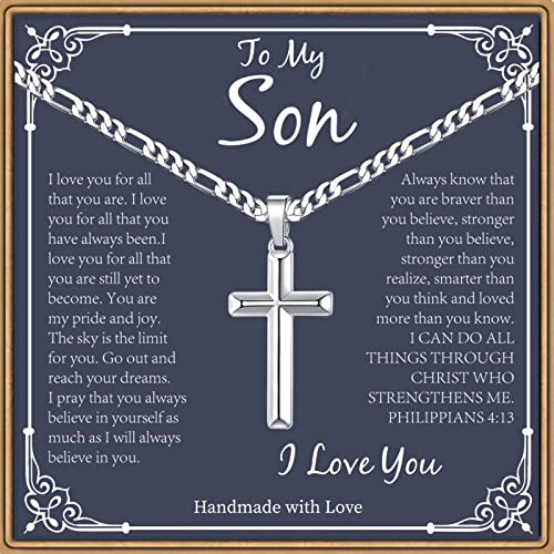 Son Necklaces Gifts - Silver/Black Stainless Steel Cross Necklace Cuban Link Chain Necklace for Son