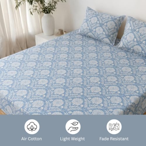Image of Marrow Lane 300 TC Soft Air Cotton King Size Bedsheet, (108x108 Inches) with 2 Pillow Covers | Ultra Soft, Breathable & Durable | Block Print Floral Design | Blue & White