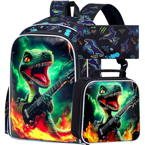 Image of 16 inch Dinosaur Backpack, Boys Kids Bookbag with Lunch Box, 3Pcs Dino School Backpacks for Elementary Preschool Kindergarten (Black)