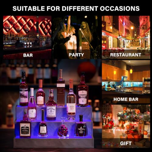 LED Lighted Liquor Bottle Display Shelf, 24 Inch Bar Display Shelf with DIY Illuminated App & Remote Control, 3 Step Freestanding Holding Bottles for Home Bar, Party, Grey L