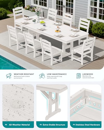 Image of SERWALL 9 Piece 84 inch HDPE Outdoor Dining Set for 8 with Armless Chairs and Umbrelle Hole, White