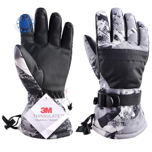 TRIWONDER Guantes de Esquí para Niño Guantes Impermeable Cálido Térmicos para Snowboard Nieve Ciclismo Esquiar Deportes Invierno al Aire Libre (B - Gris, XS (7-9 años))