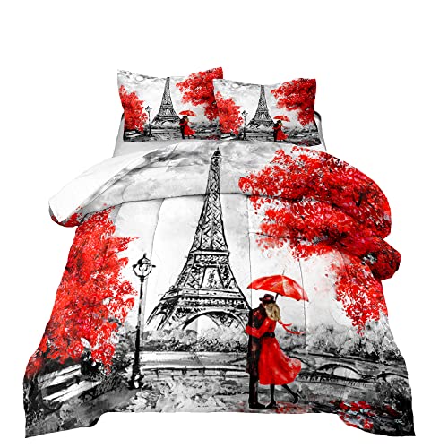 DYcolor Romantic Paris Eiffel Tower Printed Quilt, Red Maple Leaf with Lover Coupler Comforter Set with 1 Comforter and 2 Pillow Cases for Kids Girls Women (Queen, Red)