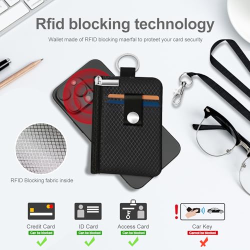 Minimalist RFID Blocking Small Wallet with ID Window,WaterResistant Zip Id Case Wallet with Lanyard Keychain for Cards,Cash,Travel,Women,Men (Black)4