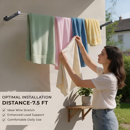 Image of Plantex GI Steel Foldable Wall Mount Cloth Drying Stand with 30 Ft Rope /Wall Hanging Clothes Dryer Rack for Indoor & Outdoor Use /Space-Saving Design for Laundry or Utility Room - Grey