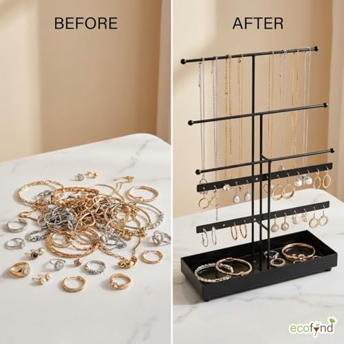 Image of ecofynd 5-Tier Metal Jewelry Organizer Stand with 3 Hanger & 24 Earring Holes,16-Inch Holder for Earrings, Necklaces, Bracelets & Rings, Space-Saving Display for Vanity & Dressing Table (Black, JS011)