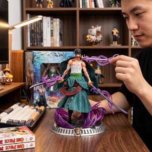 Image of Zoro Three Sword Style Action Figure 21CM Anime Collectible PVC Statue with Energy Effect Swords, Battle Pose Display Model for Desk Decor, Anime Fans & Collectors (Zoro Purple)