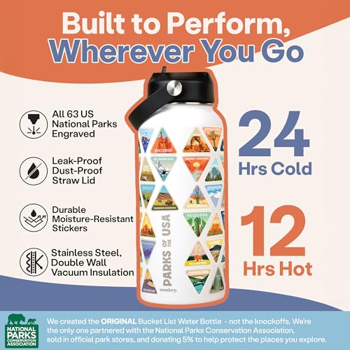 Image of Wondery USA National Parks Water Bottle With 63 Waterproof Stickers of Parks (USA), 32 oz Stainless Steel Water Bottle for Traveling, Hiking, Camping, National Park Gifts - WHITE