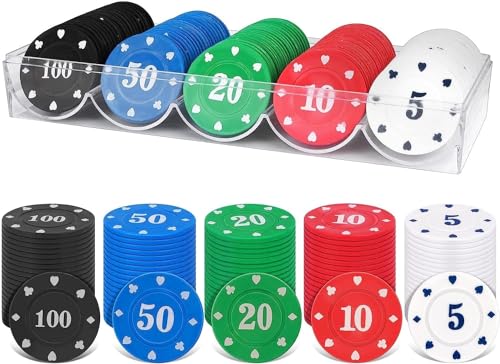 MINISOISO 100 Piezas Fichas de Poker de Plástico, 5 Colores Juego Fichas de Póquer, Poker Chips con Caja, Fichas de Casino, Fichas de Bingo, para Contar Marcadores Matemáticas Aprendizaje