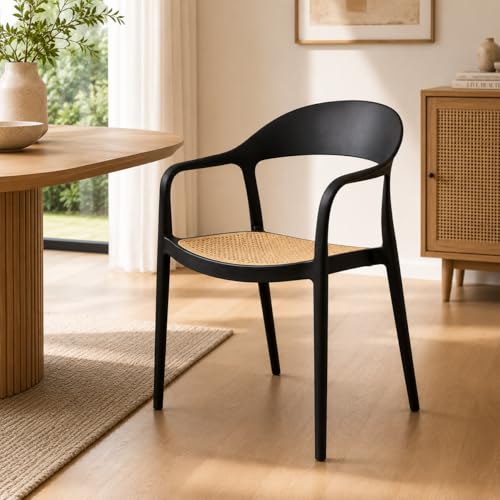 Image of Rattan Style Outdoor Chair | Set of 1 Black Plastic Arm Chair for Garden, Balcony, Patio & Cafe | Lightweight Weather Resistant Seating | 3 Year Manufacturing Warranty