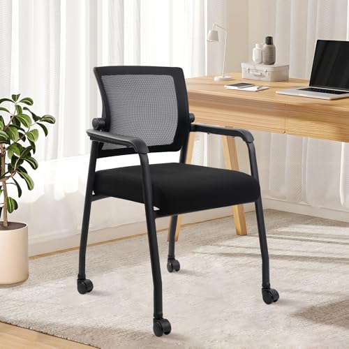 Image of KLASIKA Waiting Room Chairs with Wheels, Adjustable Mesh Backrest, Desk Chair with Ergonomic Lumbar Support and Thickened Seats Cushion, Black