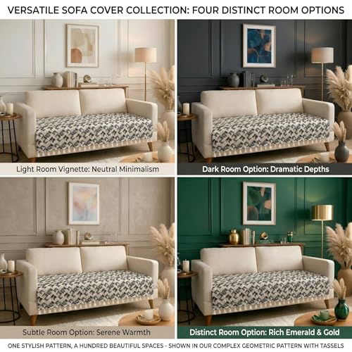 Image of BSB HOME Cotton Sofa Cover Throw with Tassels, Soft Breathable Fabric, Printed Couch Cover for Living Room, Lightweight Furniture Protector (27 x 70 Inches / 69 x 178 cm) (Beige & Charcoal Black)