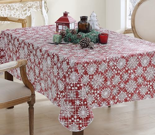 Newbridge Snowfall Snowflake Plaid Christmas Print Vinyl Flannel Backed Tablecloth Contemporary Snowflake Design Easy Care Wipe Clean Xmas Tablecloth, 52 Inch x 70 Inch Oblong/Rectangle, Red