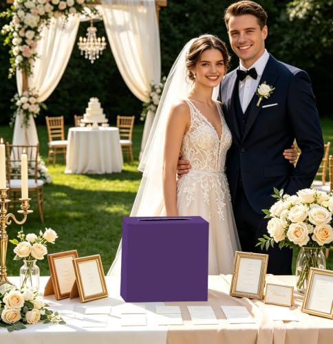 Image of SietDESEO Purple Card Box for Graduation Large Cardboard Gift Card Box Holder for Wedding Reception Birthday Graduation Baby Shower Raffle Ticket Box with Slot