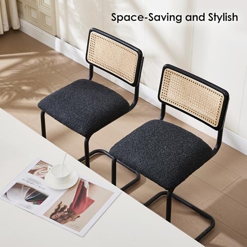 Image of ONEVOG Rattan Counter Height Bar Stools Set of 4, 26 inch Boucle Barstools with Natural Solid Wood Cane Back & Matte Black Metal Legs, Upholstered Counter Kitchen Island Chairs, Cantilevered Design, Black