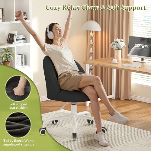 Image of DurayLoly Vanity Chair with Back, Cute Desk Chair with Wheels, Armless Chair with Height Adjustable & 360 Swivel, Soft Lumbar Support for Small Space, Bedroom, Black