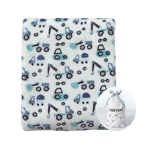CREVENT, Graziosa copertina per bambini, unisex, leggera, setosa, confortevole e calda, per culla e passeggino, adatta per tutte le stagioni, 75 x 100 cm (blu, motivo con camion)