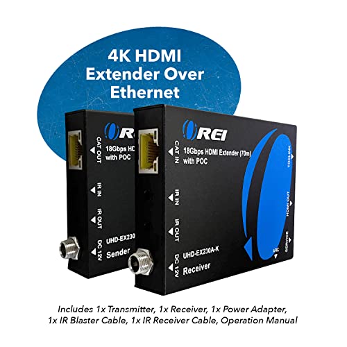 Image of OREI 4K HDMI Extender Over Ethernet, Extender Balun Over Cat6 /Cat7 with Audio Extractor Optical IR up to 230 Feet - Loop Out - 4K@60hz Full UltraHD Signal - Low Latency - Full Support | HDMI Over Cat6, HDMI Extender 4K - 18Gbps, HDR10+, Dolby Vision, HLG, LPCM 7.1, DTS-HD Master, Bi-directional PoC