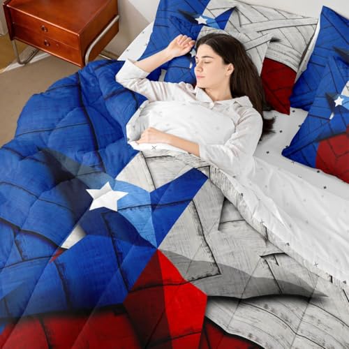 Image of Erosebridal Western Texas Star Queen Comforter Set with Sheets | Red Blue American Flag 7-Piece Bedding Set Grunge Stars and Stripes Rustic Bed in a Bag, Retro Vintage Wood Plank Cowboys Bed Sets