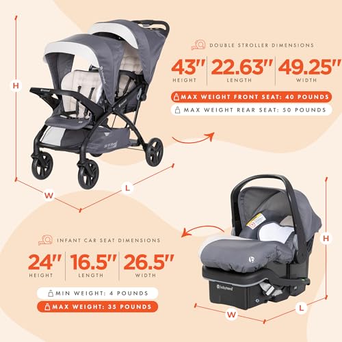 Image of Baby Trend Sit N' Stand Double Stroller 2.0 DLX with 5 Point Safety Harness and EZ-Lift Plus Lightweight Infant Car Seat with Cozy Cover, Magnolia
