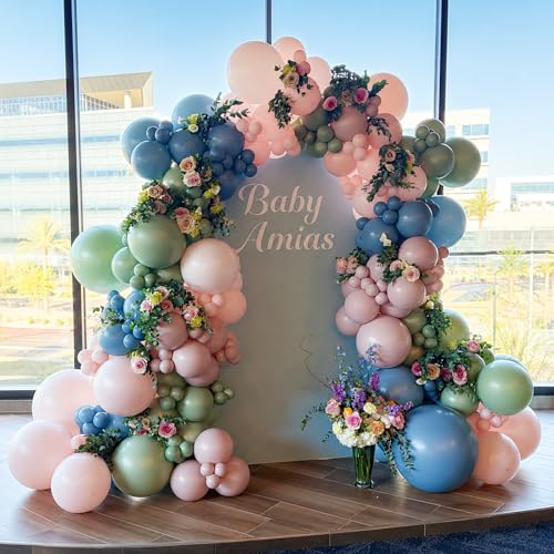 Image of Pink Blue Green Balloons, Boho Baby Shower Wildflower Floral Party Balloons | Dusty Green Pale Pink Beige Balloons, Dusty Blue Blush Sand White Balloons for Baby In Bloom Garden Tea Birthday Party Decor