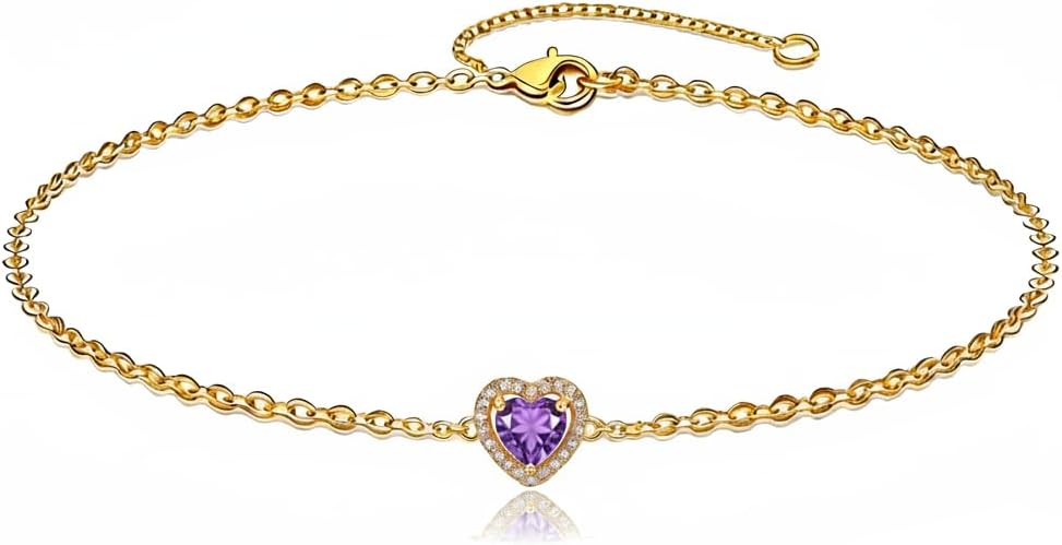 18K Yellow Gold Heart/Round Birthstone Bracelet Adjustable 12 Months Heart/Round Birthstone Bracelet Birthday Christmas Jewelry Gifts for Women Mom Her,with 7"+2" chain