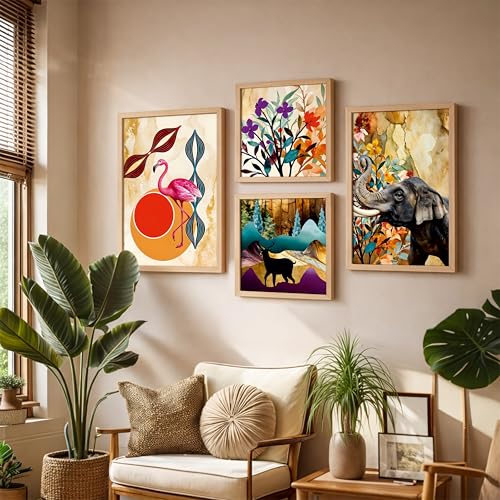 Image of NoWorries Wall Decor Framed painting Set of 4 | Abstract Animal Art Prints with frames | Elephant Flamingo Botanical Wall Artwork | Modern Home Decor Gallery Wall Frames