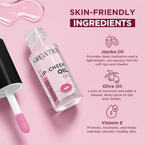 Image of Orgatre Moisturizing Lip Tint Oil (6.5ml) | pH Reactive Lip Oils with Natural, Glossy Pink Finish | Long-Lasting And Non-Sticky Liptint Infused with Olive Oil & Vitamin E | Formulated for Young Skin