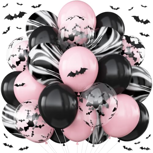 Image of HILAVO Pink Halloween Balloons Pastel Pink and Black Bat Balloons | for A Little Boo Baby Shower Ghouls Night Booday Spooky One Birthday Girly Halloween Party