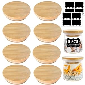 Oui Yogurt Jar Lids – 8 Pack Oui Lids- Natural Bamboo Wood with Silicone Sealing Rings and Oui Yogurt Bottle Label,For 5 Oz Oui Yogurt Jars