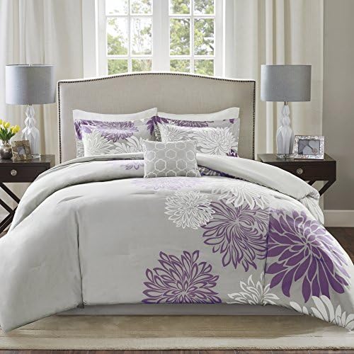 Comfort Spaces Enya Comforter Set-Modern Floral Design All Season Down Alternative Bedding, Matching Shams, Bedskirt, Decorative Pillows, Queen (90"x90"), Purple