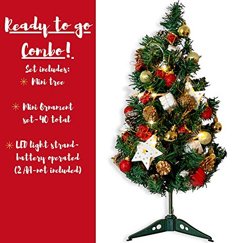 Banberry Designs Table Top Chirstmas Tree With Mini Ornaments And Lighted Garland/Strand - 2 Foot Tall Tree With Small Ornaments - Waterproof Balls, Pine Cones, Drums, Stars And Lights - Red And Gold #TOP2