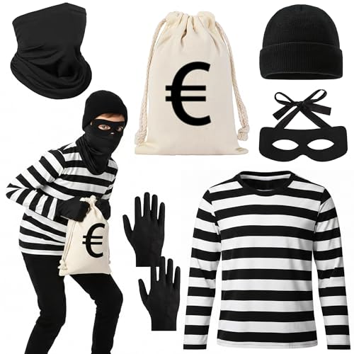 7 Stück Räuber Kostüm Set Kinder - Dieb Outfit mit T-shirt Handschuhe Augenmaske Hut Bankräuber Maske Geldsack Junge Mädchen Faschingskostüm für Halloween Cosplay Party Karneval