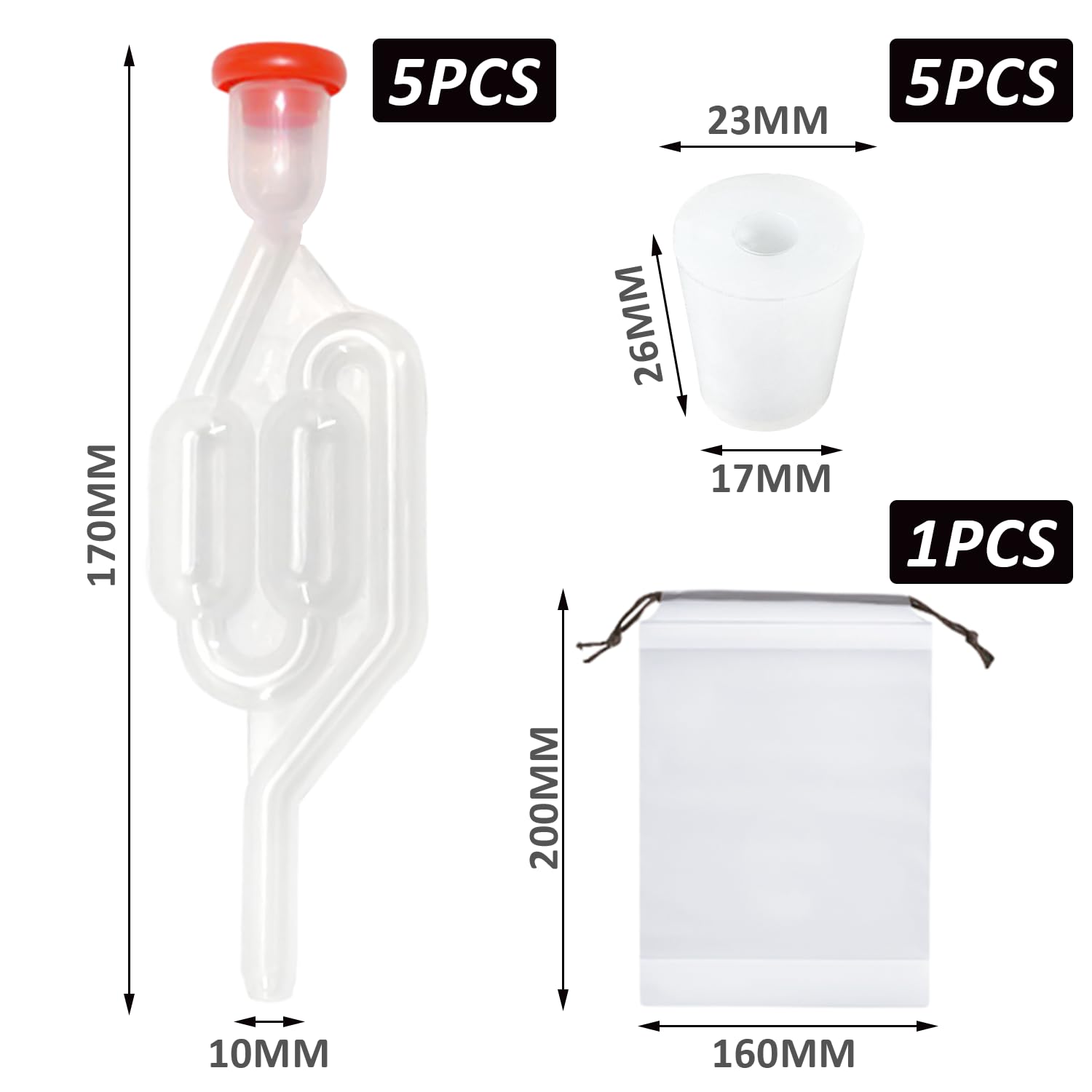 MEMOFYND 5 pezzi tubi di fermentazione, 5 tappi in silicone, 1 sacchetto di conservazione, set per la preparazione della birra, tubi di fermentazione con tappi in gomma, valvola di scarico per la