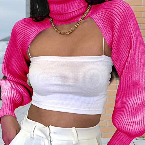 Image of High Collar Long Puff Sleeve Sweater Knitwear Solid Color Pullover Crop Top Ultra Short Turtleneck Sweatshirt