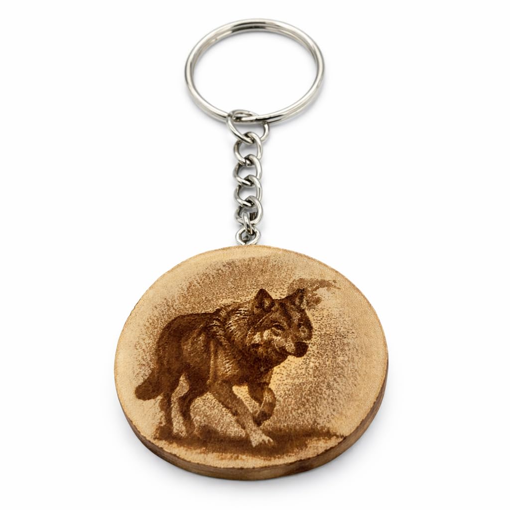Promotech Lone Wolf Wooden Keyring – Handmade, Laser-Engraved Natural Wood, Unique Wolf-Themed Accessory for Keys, Bags & Backpacks