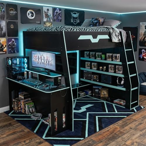 Gaming Loft Bed Full Size with Desk & Storage Shelves