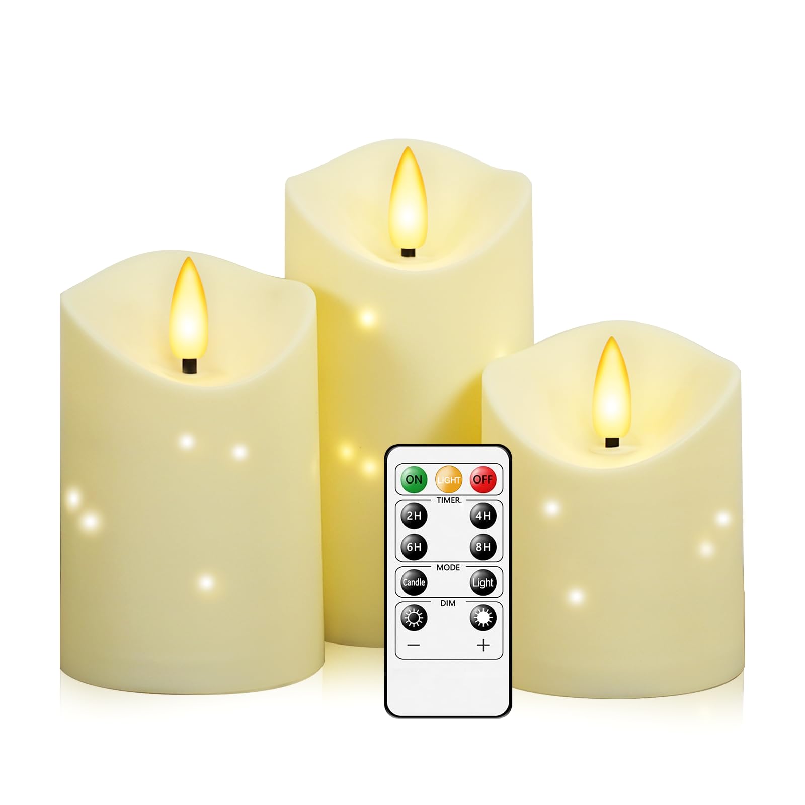 kakoya Outdoor Waterproof Flickering Flameless Candles with Embedded Star String,3Pcs LED Pillar Candles Battery Operated with Remote and Timers for Courtyard,Porch,Camping,Holiday Decoration(Ivory)