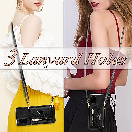 Kudex Samsung Galaxy S20 Fe 5G Crossbody Wallet Case,Galaxy S20 Fe Wallet Case With Card Holder For Women,Leather Magnetic Zipper Purse Back Case With Card Slot Kickstand Shoulder Strap(Black) #TOP4